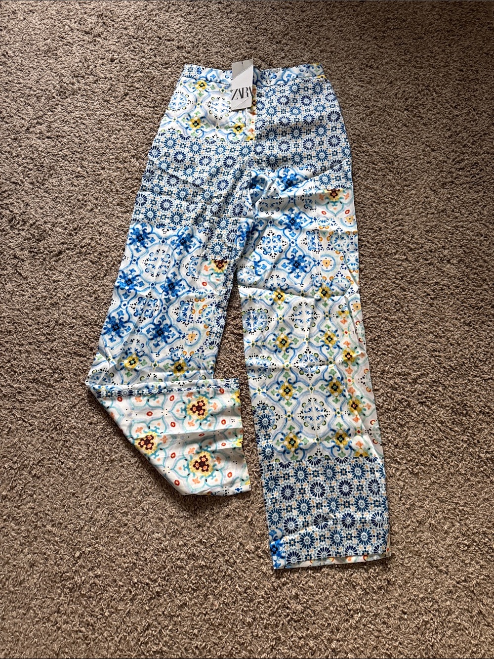 Zara Blue Tile-Print Wide-Leg Pants